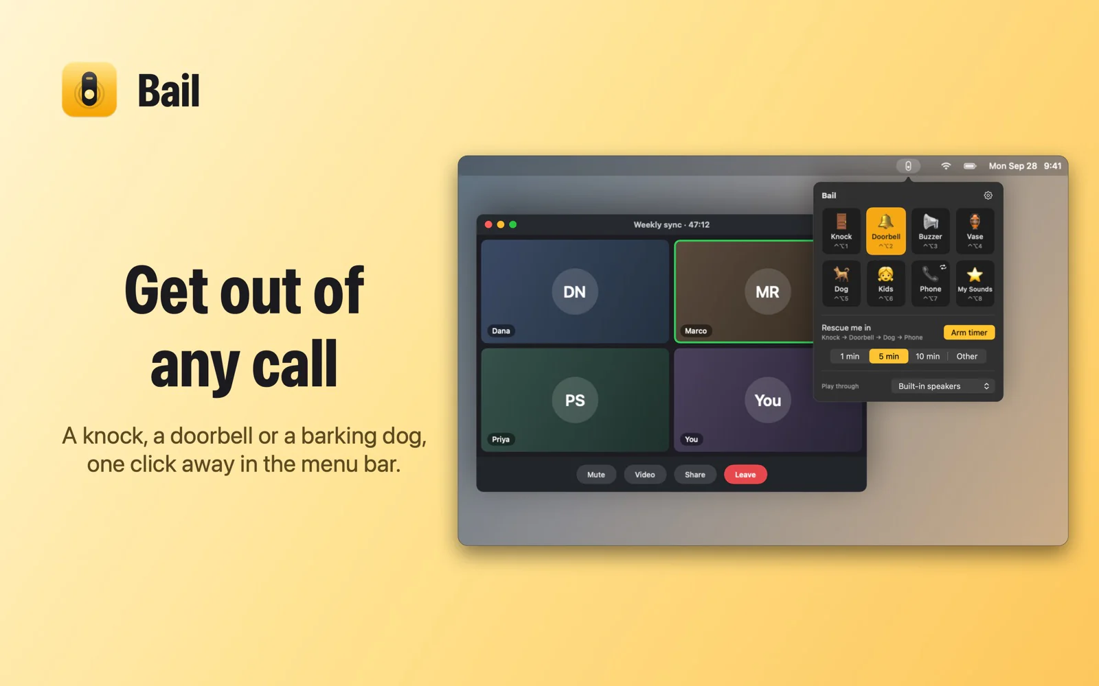 Bail menu bar panel over a video call, with knock, doorbell, buzzer, dog and phone sounds and a rescue timer