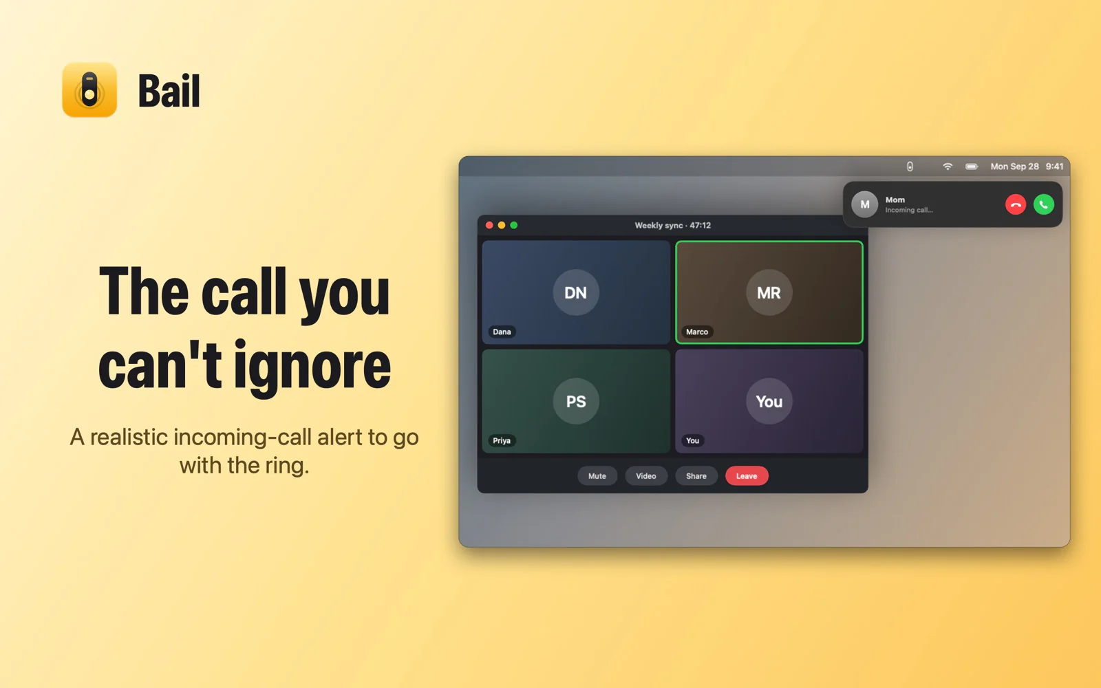 Fake incoming call banner from Mom on a Mac during a video call