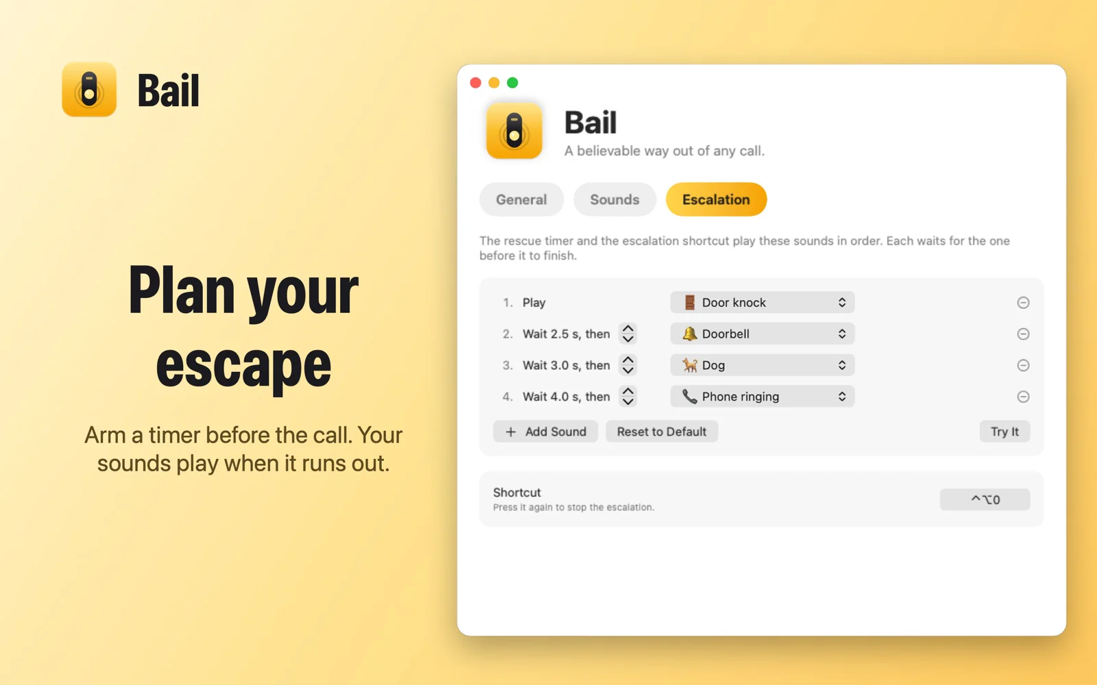 Bail escalation settings: door knock, then doorbell, dog and phone ringing, each after a short wait