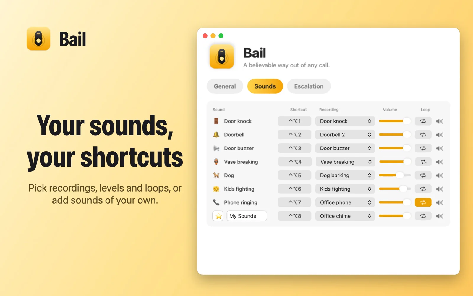 Bail sound settings with a keyboard shortcut, recording, volume and loop option for each sound