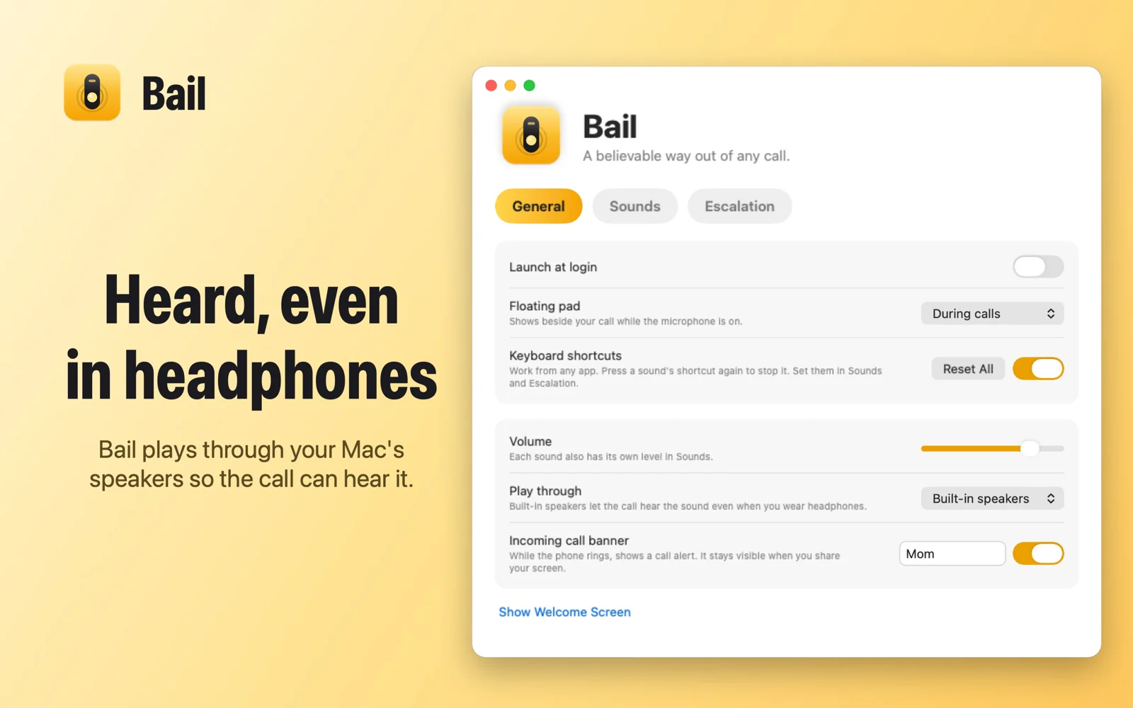 Bail general settings, including playing sounds through built-in speakers so the call hears them even with headphones
