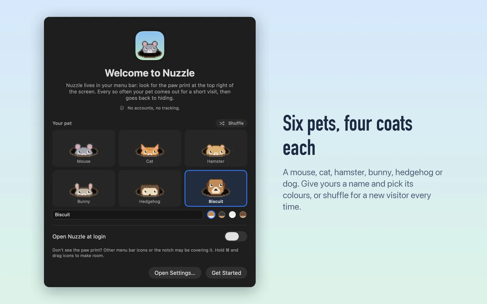 Nuzzle welcome screen for choosing a mouse, cat, hamster, bunny, hedgehog or dog and its coat colour