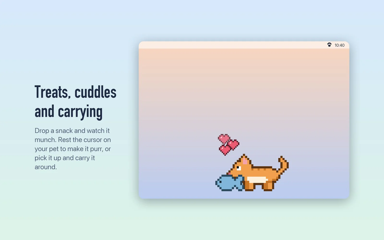 Pixel-art cat munching a fish treat with hearts floating above it