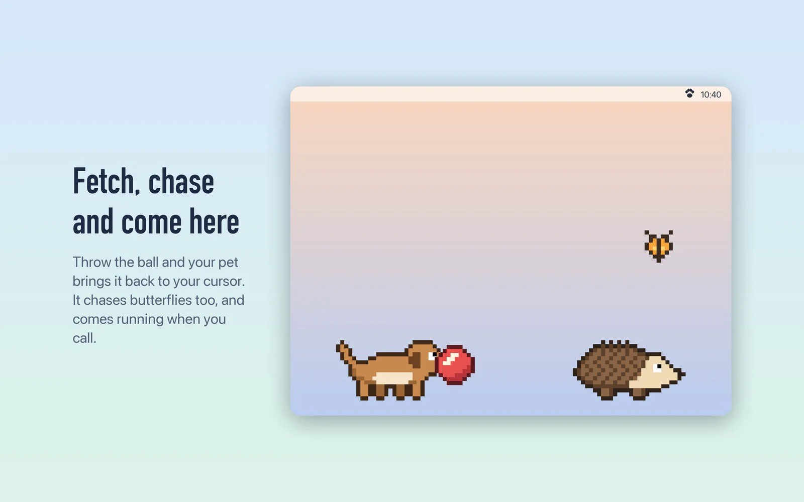 Pixel-art dog fetching a red ball while a hedgehog watches a butterfly
