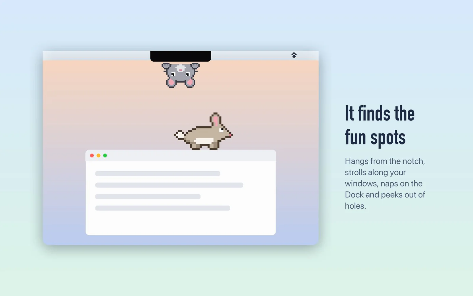 Pixel-art mouse hanging from the MacBook notch while a bunny strolls along a window