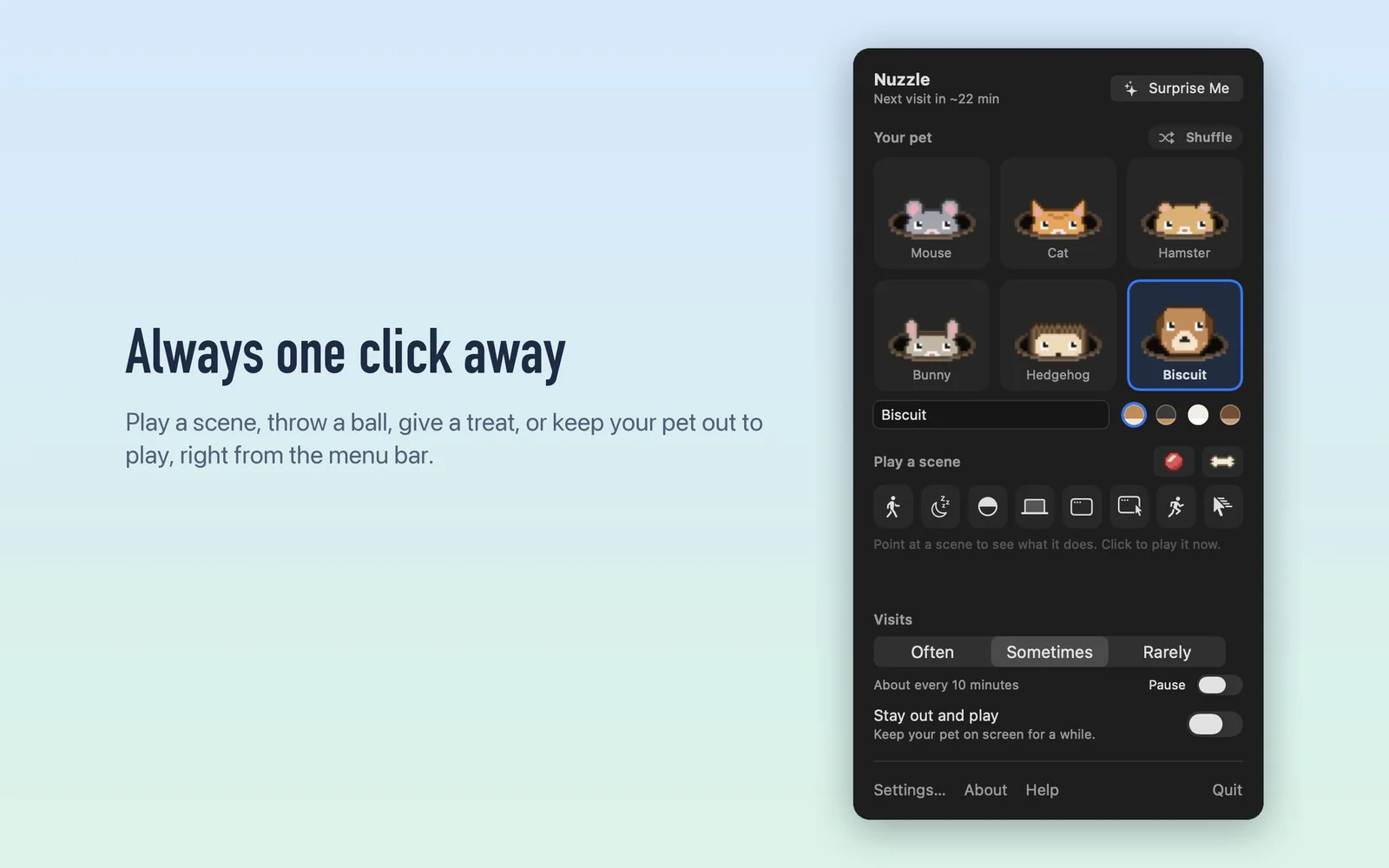 Nuzzle menu bar panel with pet choice, scenes to play and how often the pet visits