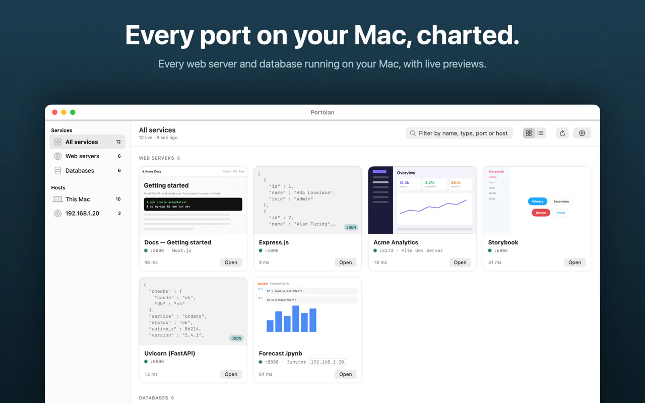 Portolan window listing web servers on a Mac with live page previews, ports and response times