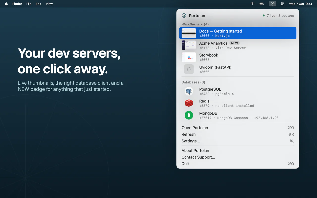 Portolan menu bar list of local web servers and databases such as PostgreSQL, Redis and MongoDB