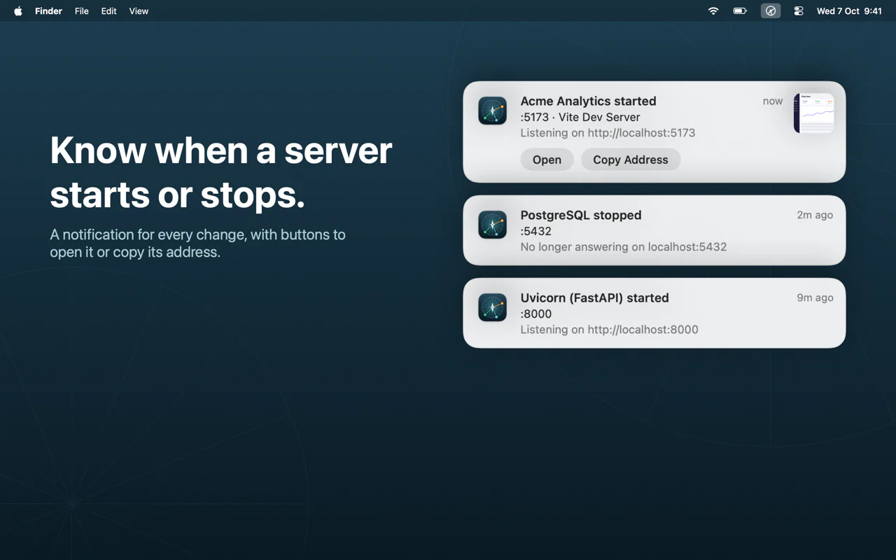 macOS notifications as local dev servers start and stop, with Open and Copy Address buttons