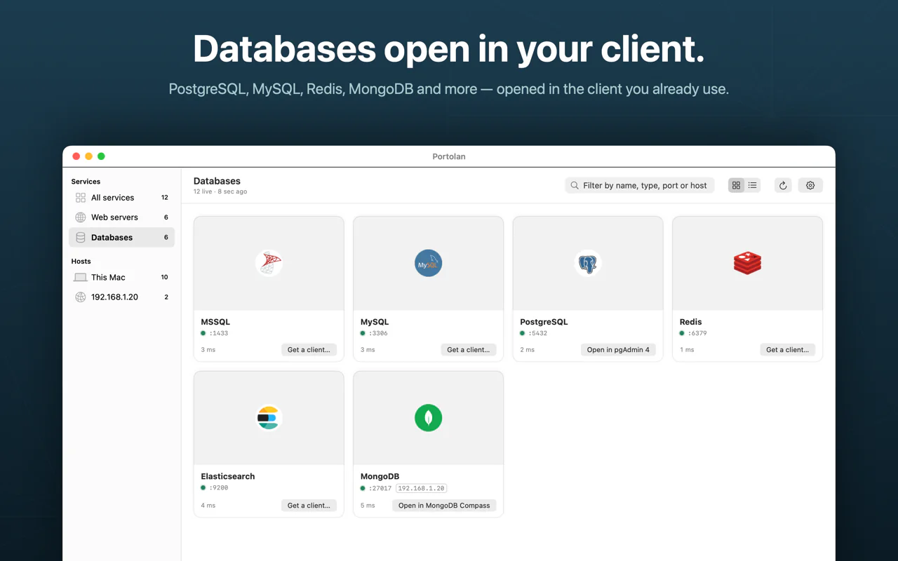 Portolan databases view with MSSQL, MySQL, PostgreSQL, Redis, Elasticsearch and MongoDB, each with an open-in-client button