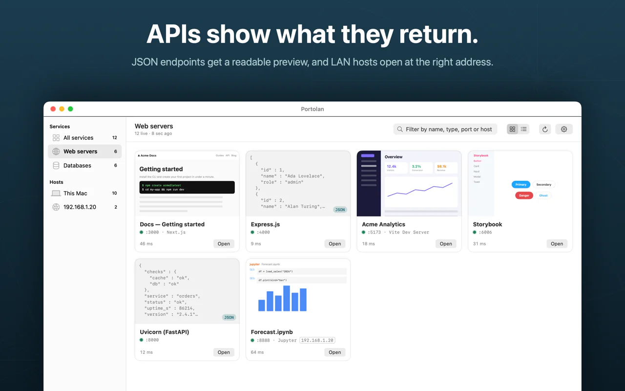 Portolan web servers view showing JSON API previews and a Jupyter notebook on a LAN host