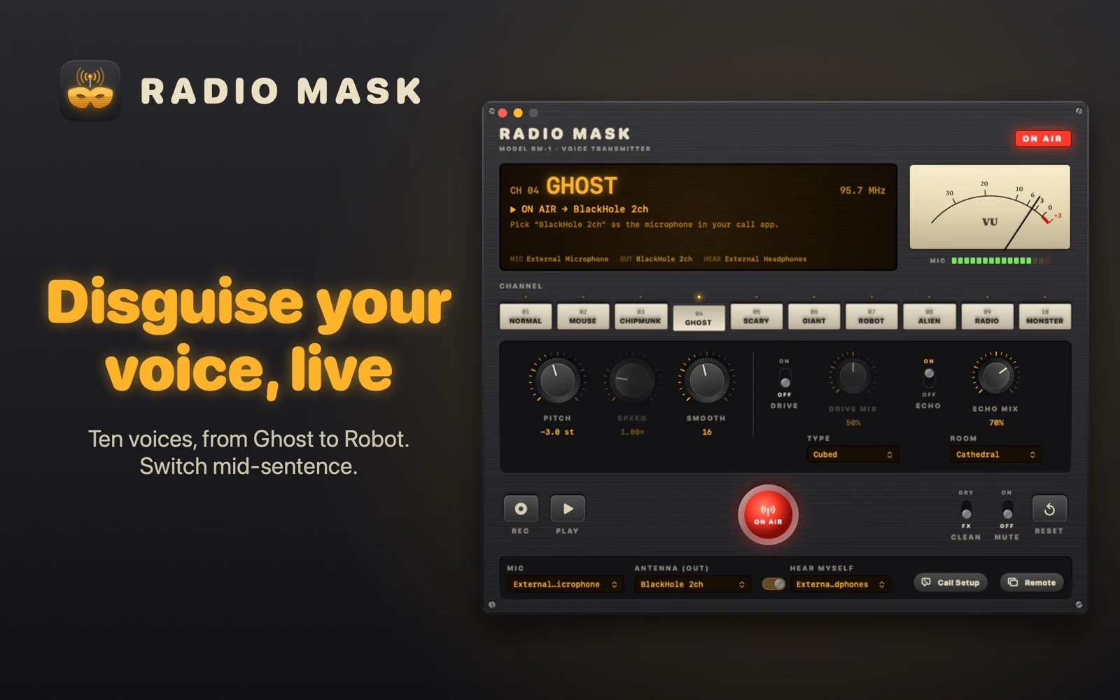 Radio Mask voice changer on air with the Ghost voice, ten voice channels and pitch, drive and echo knobs