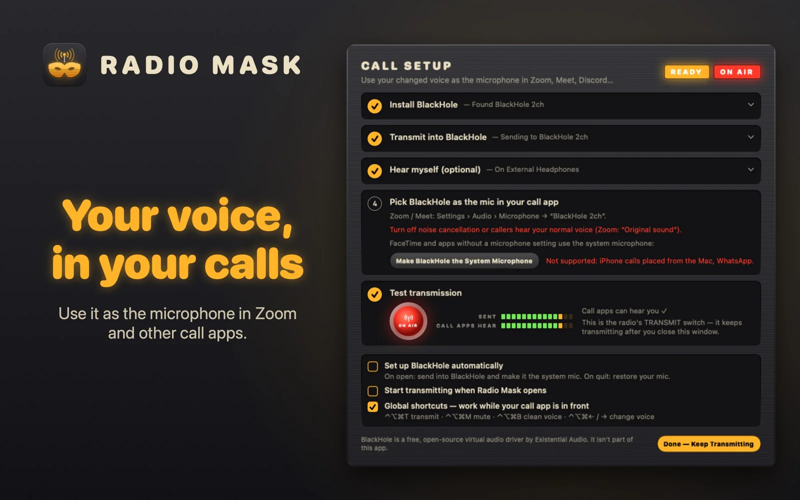Radio Mask call setup for using the changed voice as the microphone in Zoom, Meet and Discord via BlackHole