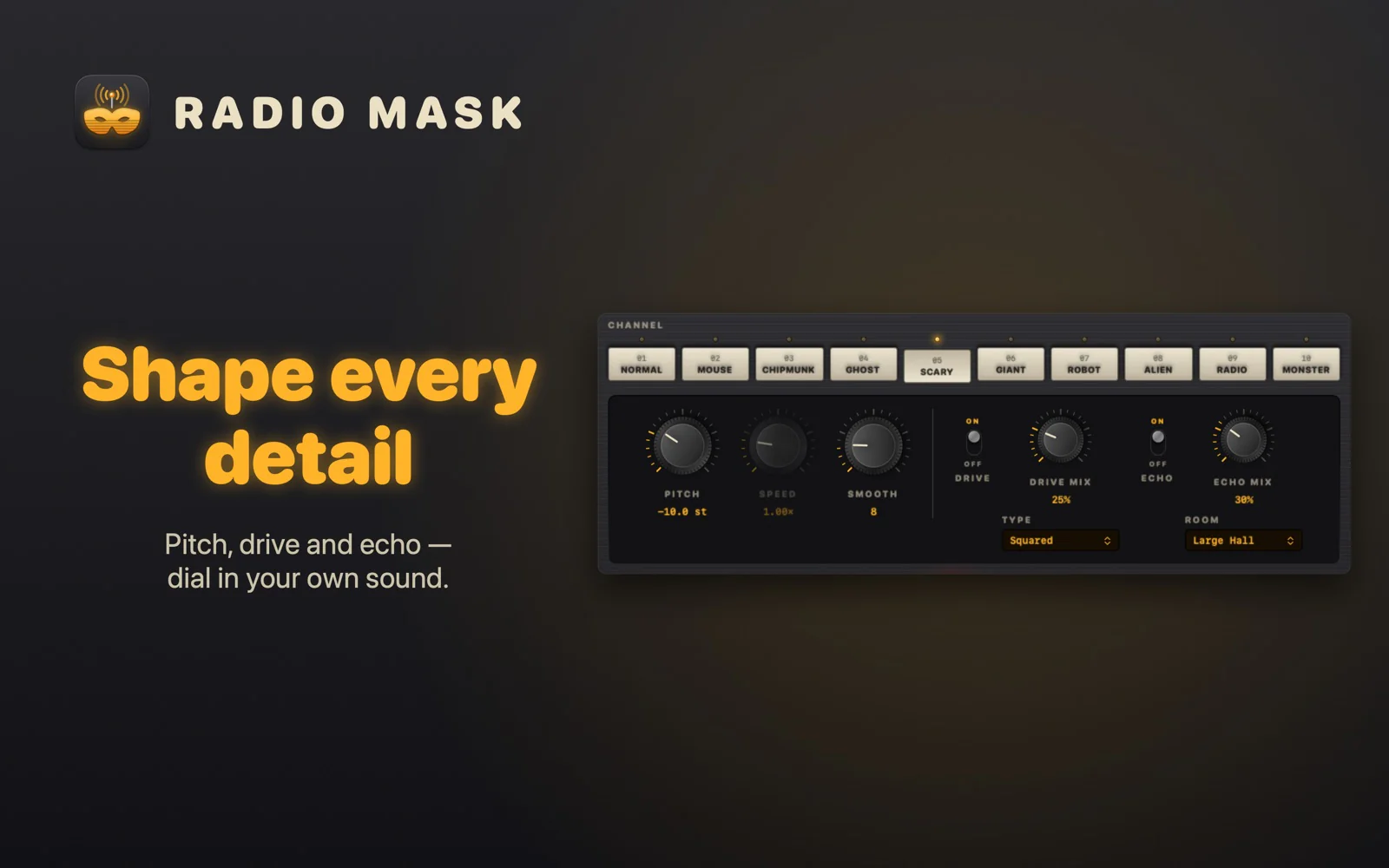 Radio Mask pitch, drive and echo controls for shaping a custom voice