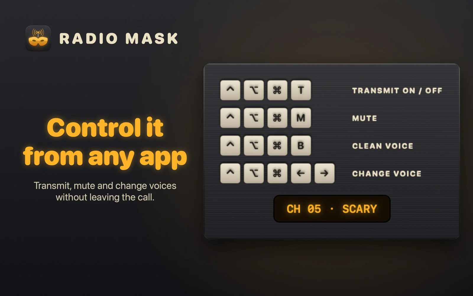 Radio Mask global keyboard shortcuts to transmit, mute, use a clean voice and change voice