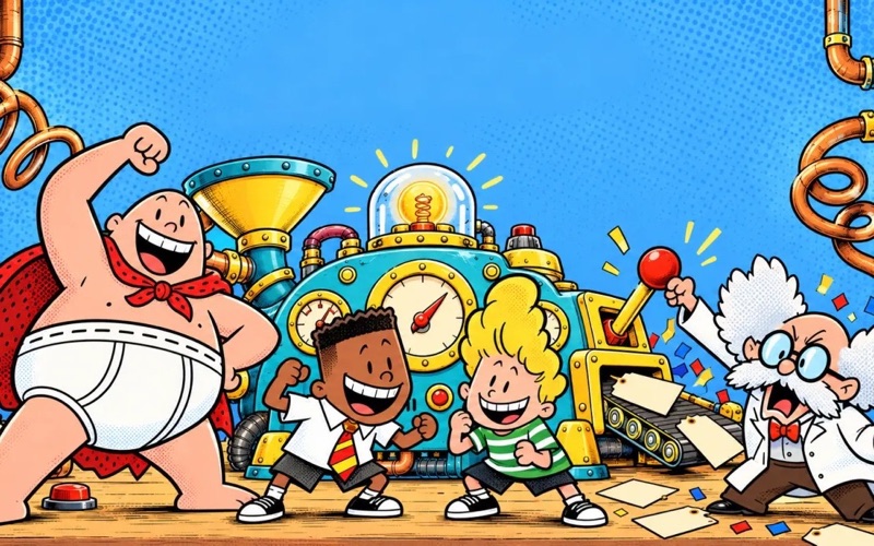 Captain Underpants, George, Harold and Professor Poopypants cheering around the name-changing machine