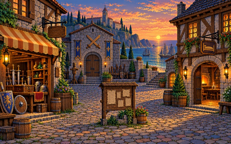 Greyhaven’s pixel-art town square in The Ashen Vault